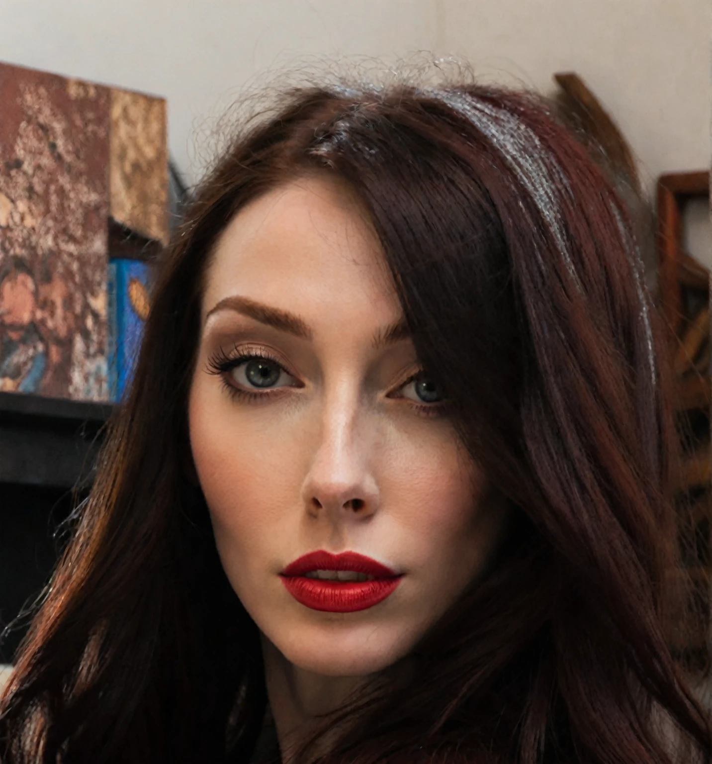 arafed woman with long dark hair and red hair, with pale skin, profile image, looking to the side off camera, high quality portrait, pale skin and dark eyes, color portrait, looking to the side, portrait image, sultry look, anastasia ovchinnikova, inspired by Jessie Alexandra Dick, headshot profile picture, tiffany dover