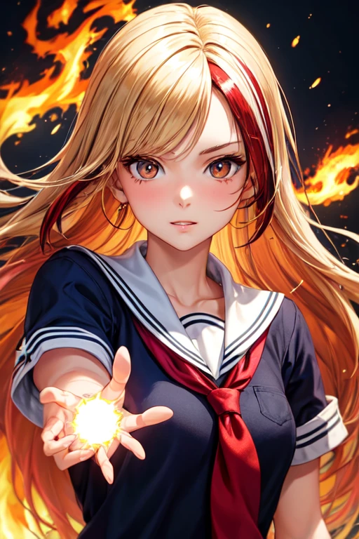 30 year old blonde girl with a red streak, Brown eyes, wearing school clothes and with pyrokinesis powers