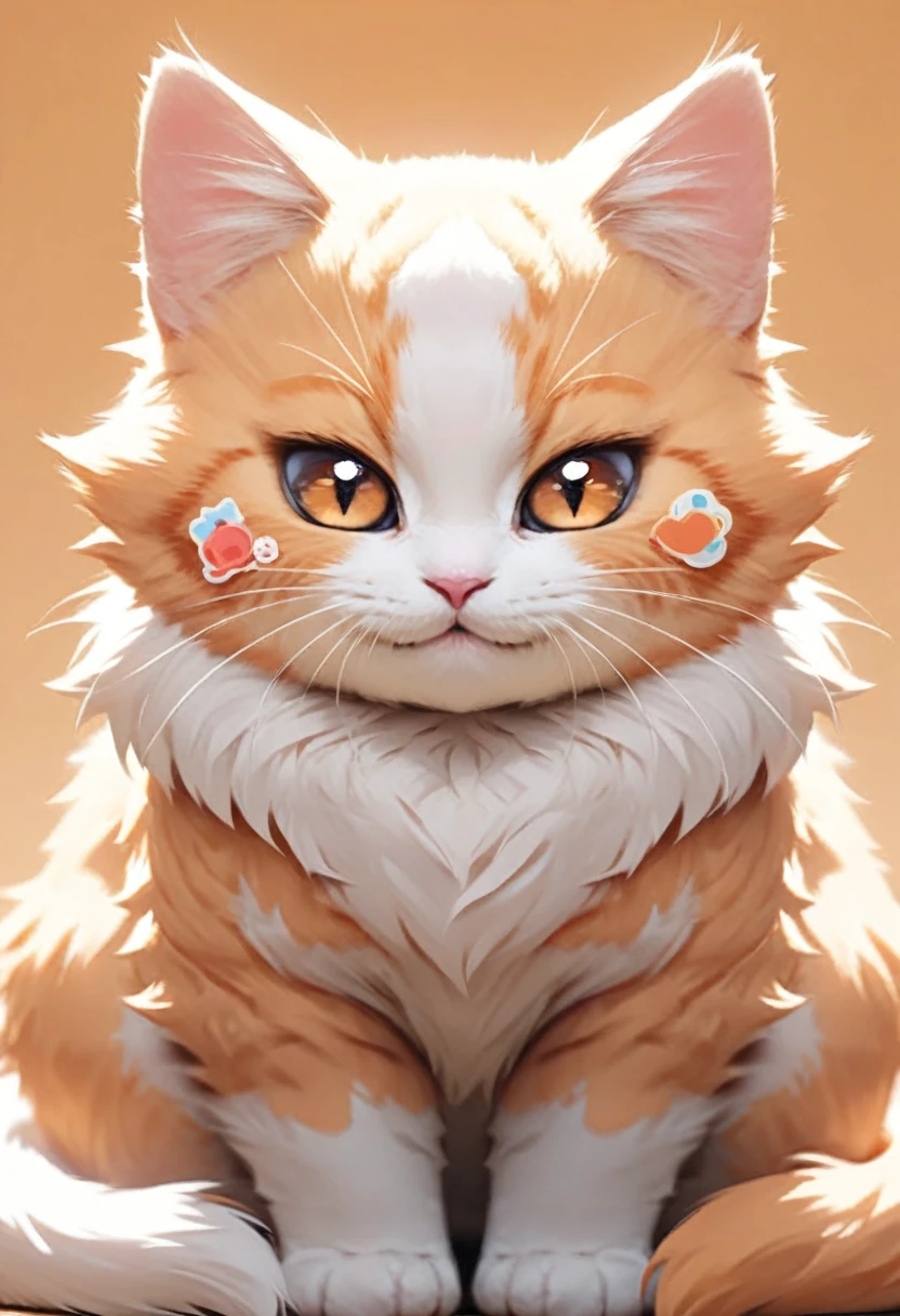 In the style of TOK, highest quality, sticker, cute cat, cartoon cat, Munchkin cat, bigger head, chibi, white and orange cat, looking at the viewer, smiling, simple background