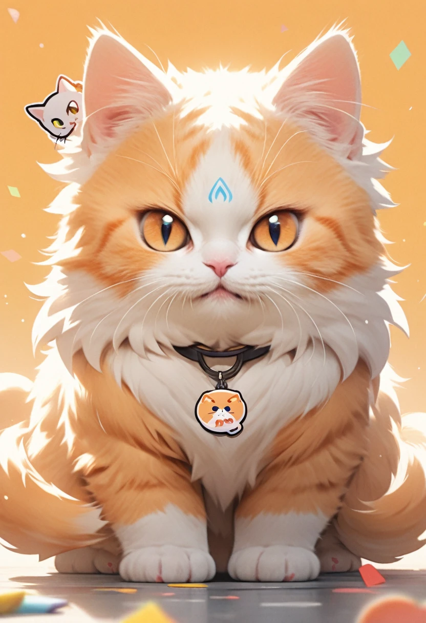 In the style of TOK, highest quality, sticker, cute cat, cartoon cat, Munchkin cat, bigger head, chibi, white and orange cat, looking at the viewer, smiling, simple background