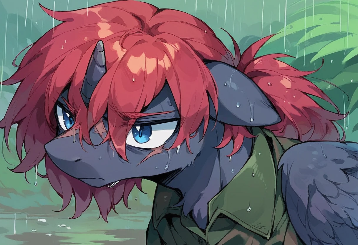 Male alicorn pony, black fur, long red hair, deep blue eyes, red feathers on wings, scar over left eye, red striping, holding machine gun, vietnam-era army uniform, in a swamp, raining, wet hair, frown, close-up portrait 