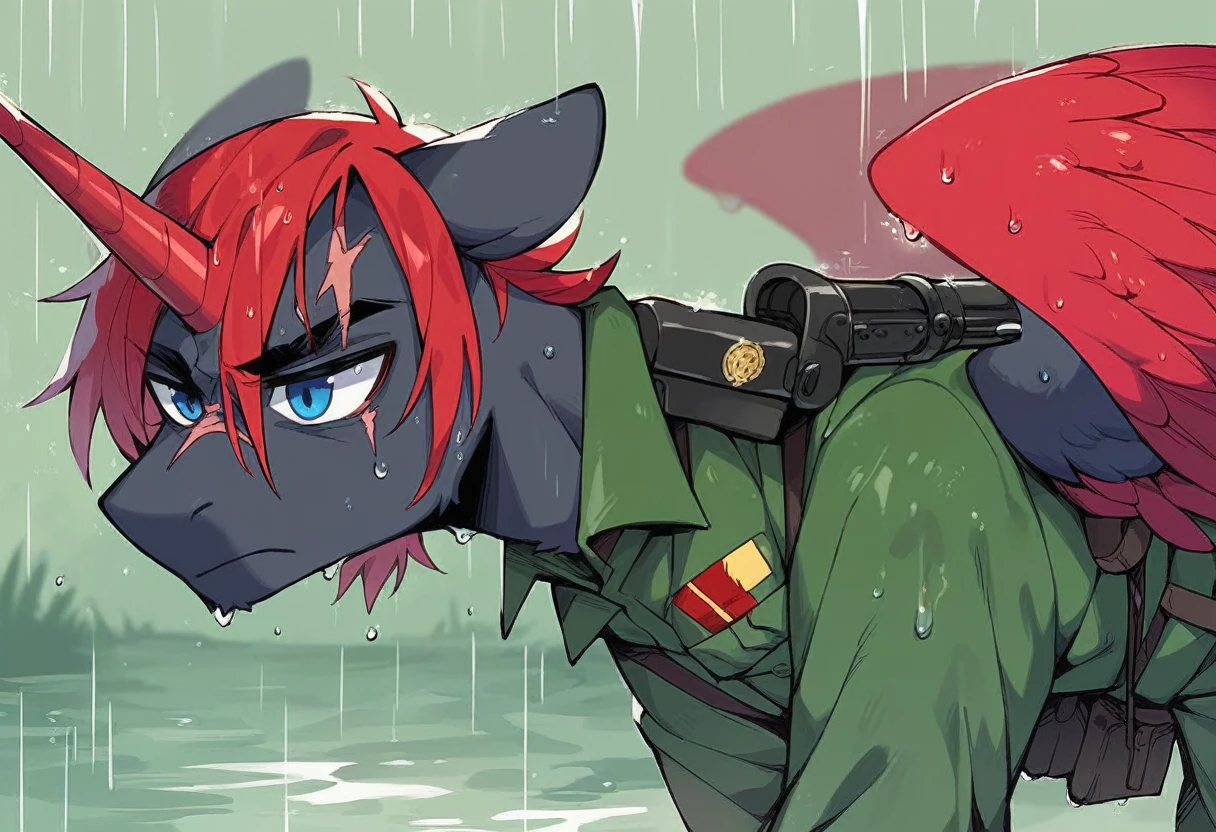 Male alicorn pony, black fur, long red hair, deep blue eyes, red feathers on wings, scar over left eye, red striping, holding machine gun, vietnam-era army uniform, in a swamp, raining, wet hair, frown, close-up portrait