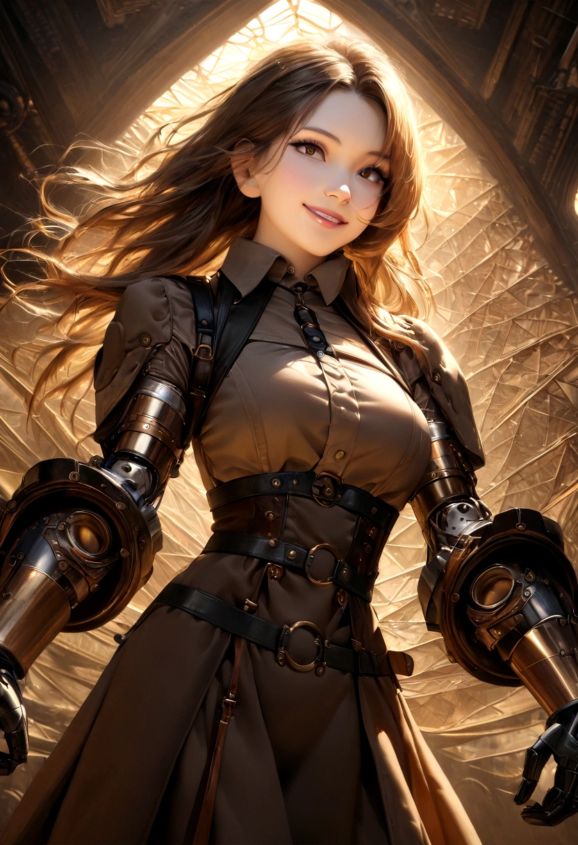 Smiling 1girl with bionic arms in steampunk fashion, captured in ultra high resolution with photorealistic and beautiful lighting. This masterpiece is of the best quality and is set against a zentangle abstract background (weighted at 1.4).