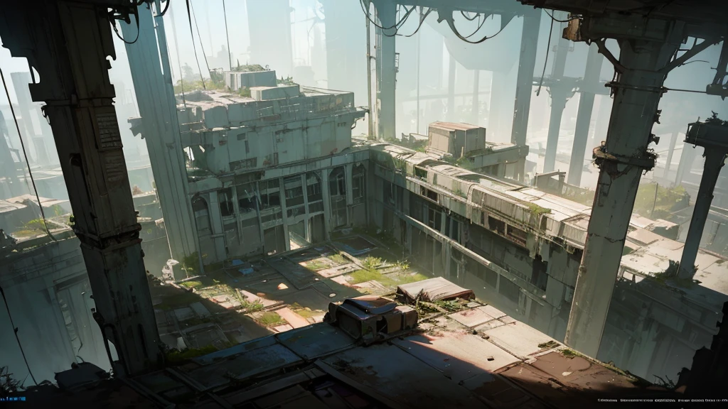 a futuristic abandoned cosmodrome, medical facility, aerial view, intricate architecture, advanced technology, decaying structures, overgrown vegetation, sunlight streaming through windows, shafts of light, atmospheric lighting, cinematic composition, muted color palette, sense of abandonment and decay, photorealistic, 8k, highly detailed