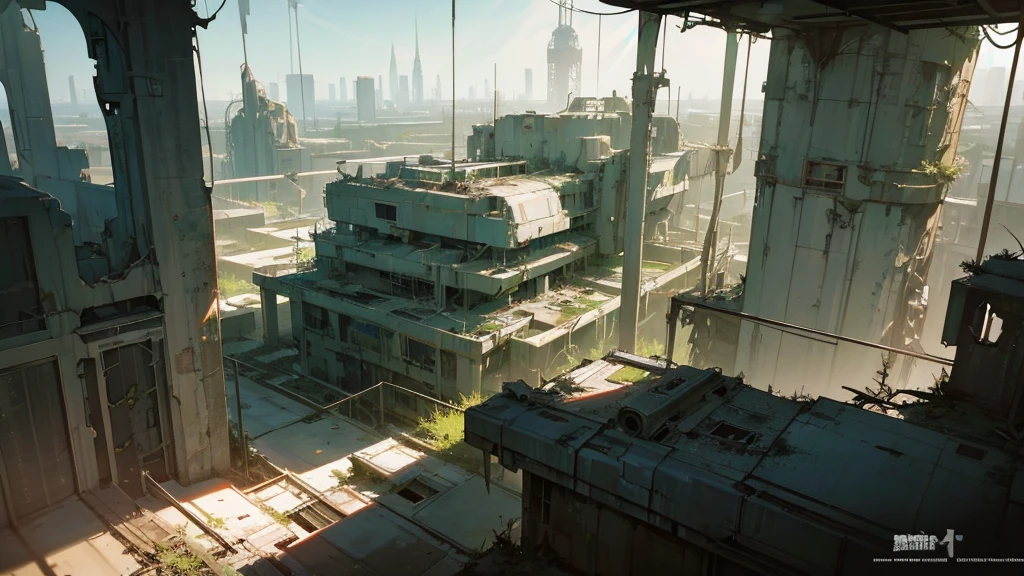 a futuristic abandoned cosmodrome, medical facility, aerial view, intricate architecture, advanced technology, decaying structures, overgrown vegetation, sunlight streaming through windows, shafts of light, atmospheric lighting, cinematic composition, muted color palette, sense of abandonment and decay, photorealistic, 8k, highly detailed
