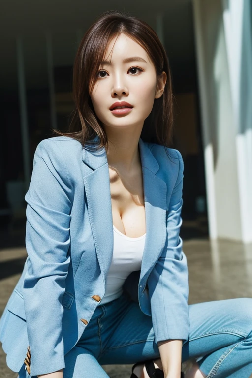 (Highest quality、Ultra-high resolution、masterpiece、8K、Realistic raw photo)、(Delicate face、Detailed eyes and face、Watery eyes、double eyelid、Glossy lips), ((1 girl)) 、Very beautiful woman、Slender、Slim Big、Sharp long legs、Alluring and sexy、(Random color blazer:1.2)、(Random color business pants:1.2)、(High heels)、Cleavage、High-definition skin texture、The wind is blowing、Sunlight shining、Modern architecture in the background、Above the knee shot、((Perfect Anatomy、Anatomically correct:1.2))