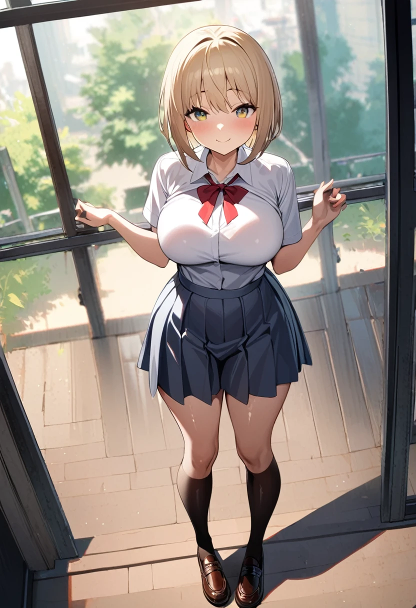 1 girl, solo, tall girl, beige hair,short beige hair, straight short hair, (high school uniform:1.2), (Full Breasts), High Height, masterpiece, high resolution, shiny, full body, beautiful, A cute smile that makes the viewer happy, highly detailed beautiful face and eyes, looking at viewer,
