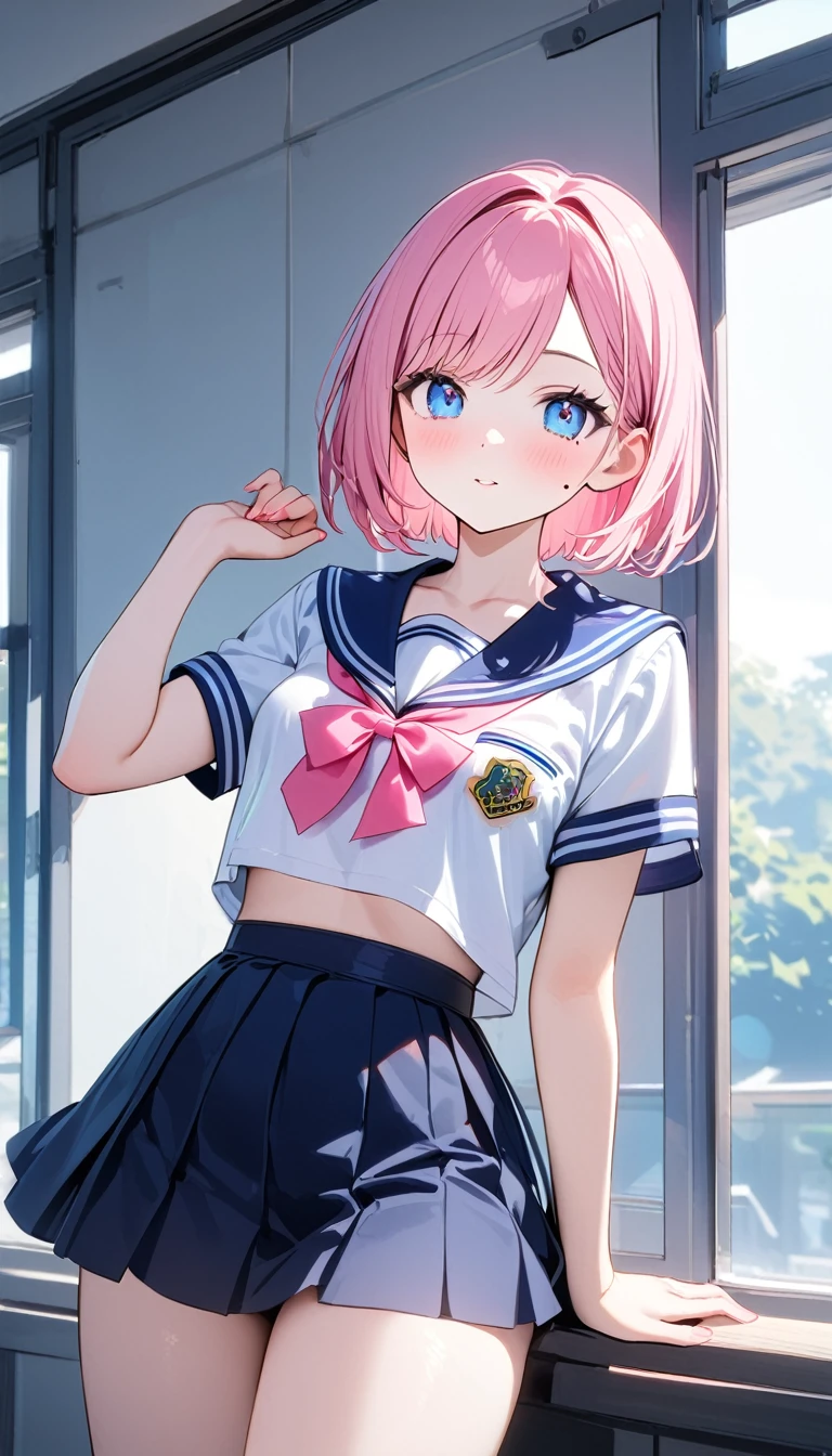 (1 girl),(Best Picture Quality, 8K, Masterpiece:1.3), (high school student:1.5), ((pink lob hair:1.1)), (bob cut),(swept bangs), (cute eyes, pupil black, iris skyblue, youthful face), (mole under right eye), (standard weight), (small breasts), (glistening skin:1.1),(pale skin:1.2), ((cool fashion:1.4), white sailor short sleeve simple shirt, darkblue skirt, darkblue sailor collar, pink ribbon)),