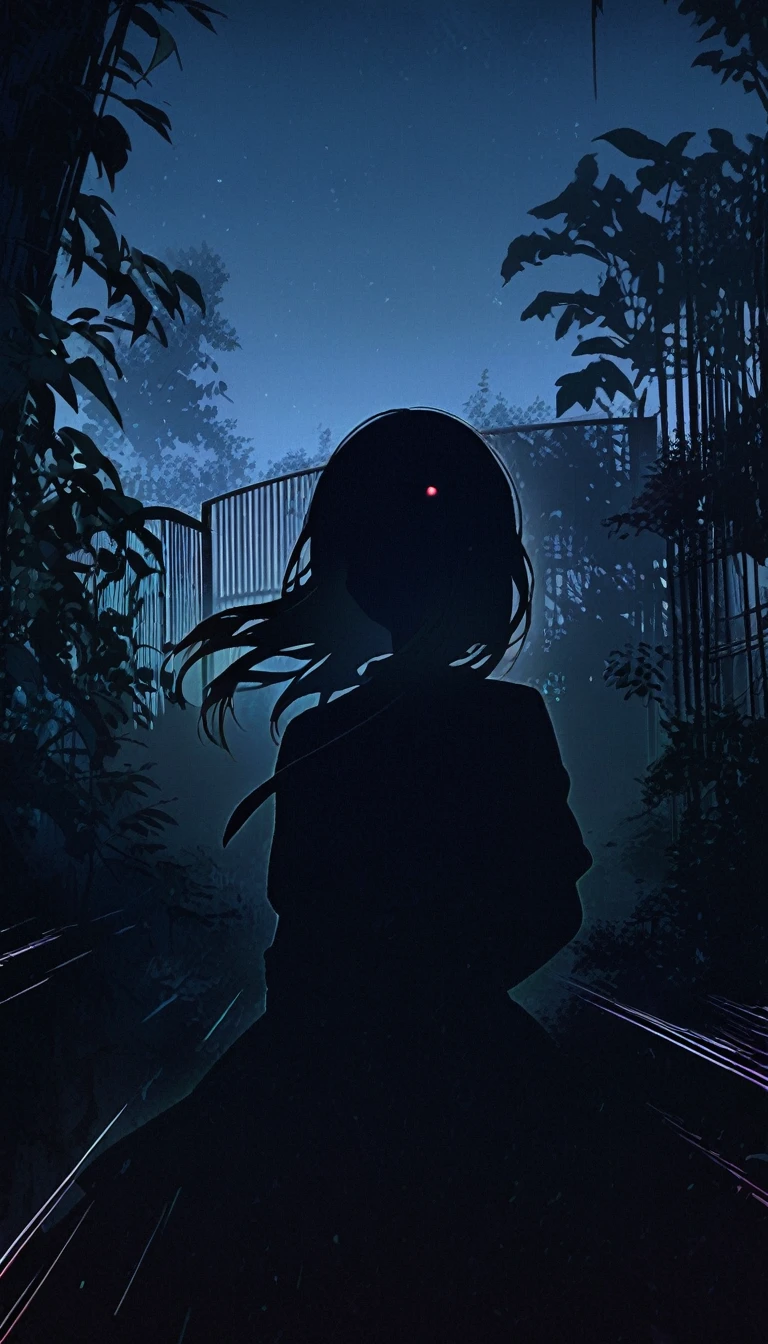 Silhouette creepy highschool girl in part at night with glowing eyes, night, atmosphere, detailed background, neat and clean, thin lines, vibrant environment background