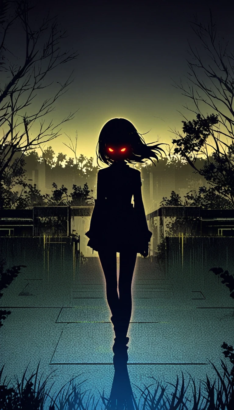 Silhouette creepy highschool girl in part at night with glowing eyes, night, atmosphere, detailed background, neat and clean, thin lines, vibrant environment background