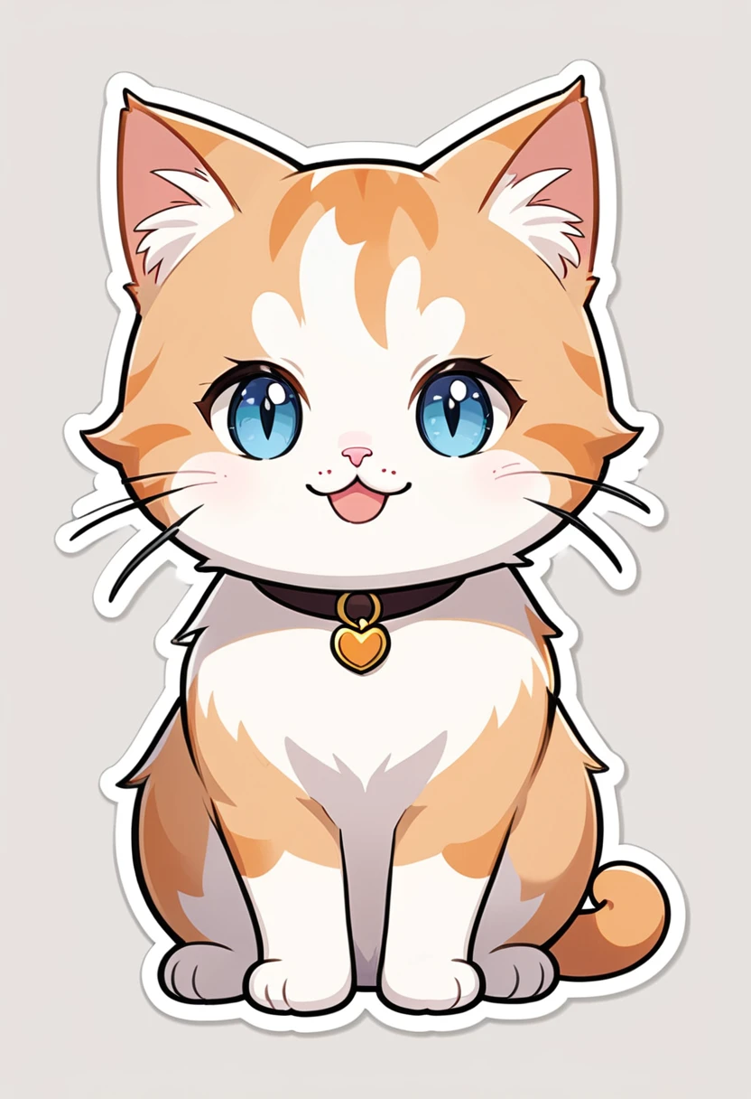 In the style of TOK, highest quality, sticker, cute cat, cartoon cat, Munchkin cat, bigger head, chibi, white and orange cat, looking at the viewer, smiling, simple background