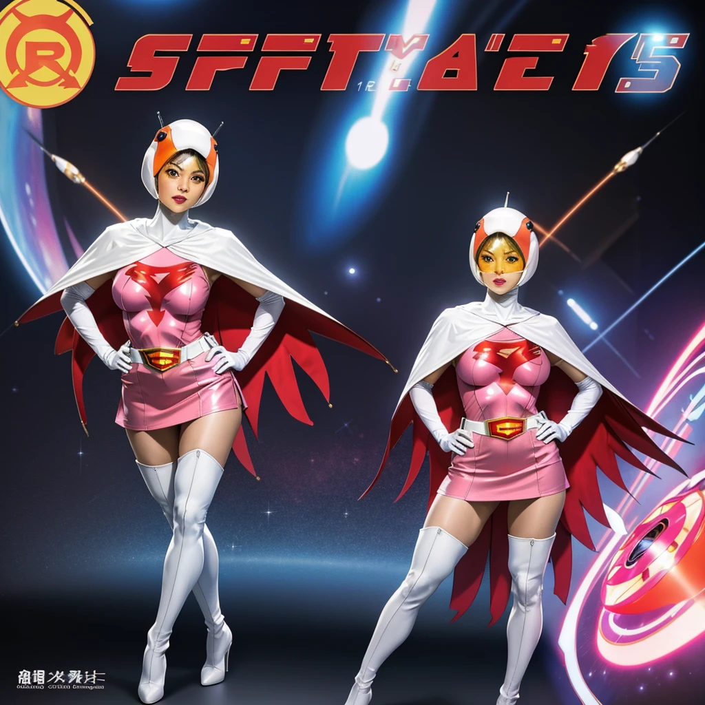 ANI_CLASSIC_jun_gatchaman_ownwaifu,1girl, ,good anatomy, masterpiece, best quality,realistic, hyper realistic, 16k hdr, long hair,breas,large breasts,lipakeup,gloves,cape,helmet,belt,elbow gloves,white gloves,mask,ultra miniskirt,leotard,spacesuit,white tight overknee highheels boots,pink dress,superhero,bodysuit,cleavage,erected nstand posds on hiead legs:1.1),cameltoe