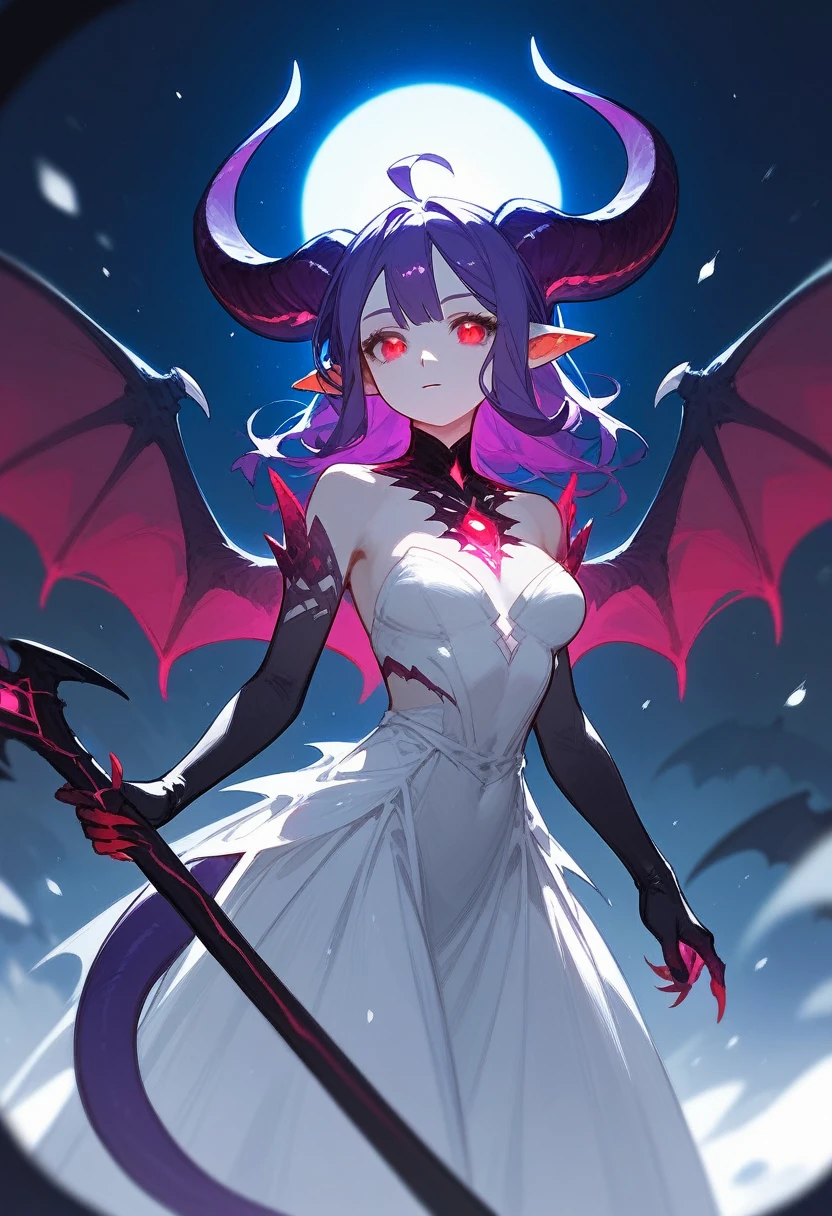 Long monster girl, Straight purple hair, glowing red eyes, And snowy white skin. She has pointed ears, Curved horns, Bat-like wings, And a furry tail. She is dressed simple, Delicate white dress, Which contrasts with her strange features. She is the princess of the monster kingdom, But she&#39;s also kind and sympathetic. She has a scar on her right arm, It is a sign of her tragedy, Not a very exciting past. Tafah, 8 kilos,Almost realistic,4K,RTX,shading,Shiny texture work