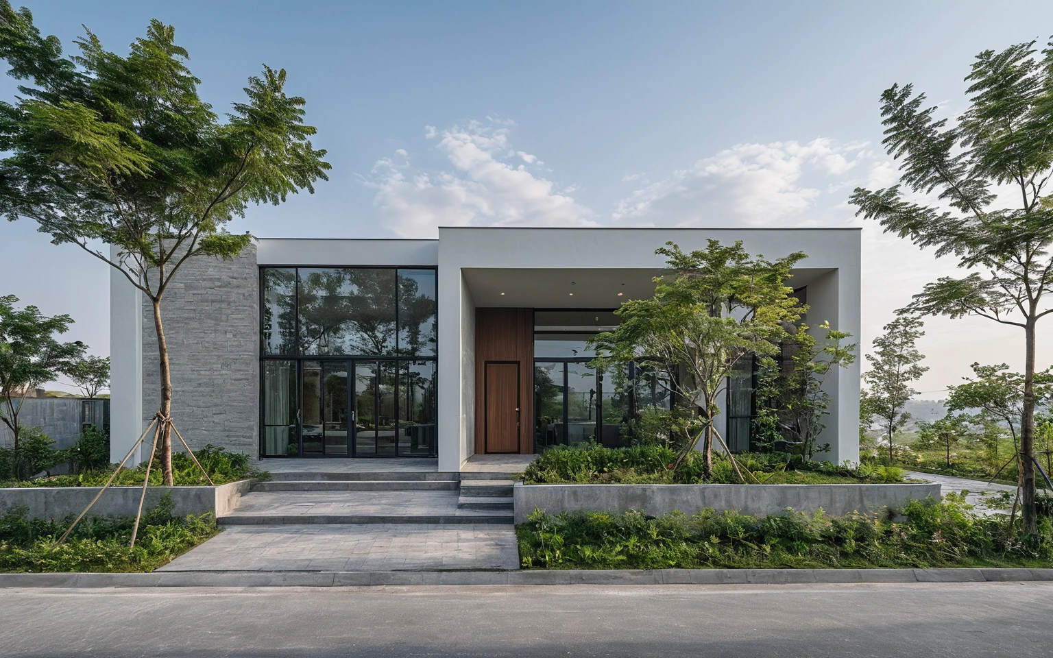 Raw photo, Masterpiece, high quality, best quality, authentic, high realistic, super detail, Realistic green tree exterior, outdoors, Tuonghoagio, house, modern stytle, on the street, wind flower wall, glass windows, GRAY STONE wall, GRAY metal gate, metal railing, house style modern on the street road, pavement, grass, trees, sky, cloud, (daylight:1.1)