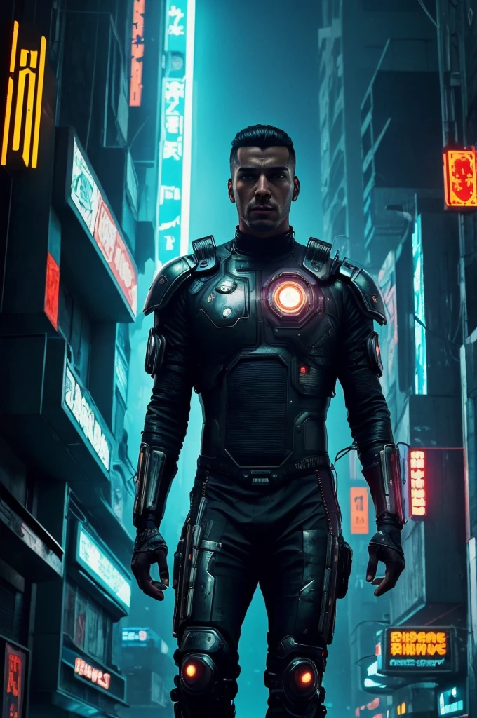 (best quality:1.3), (best performance:1.2), (best illustration:1.2), (Comic style:1.2), (artistic cinematic lighting:1.2) (1man) wearing futuristic technological Cyberpunk electronic robes, his body is covered by metallic parts, in a cinematic horror movie background in a futuristic Cyberpunk city.