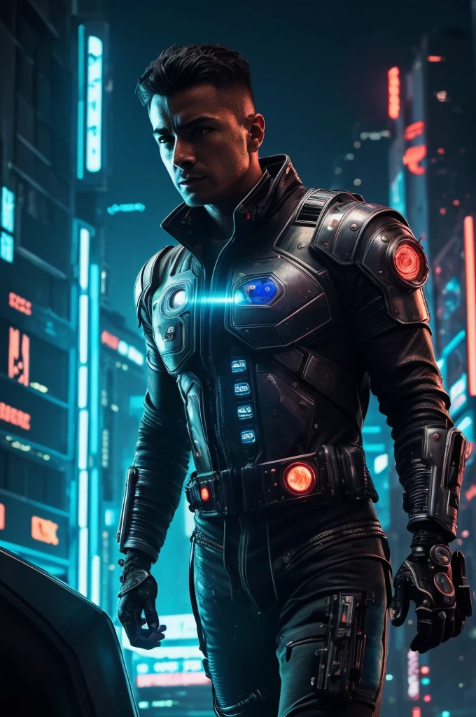 (best quality:1.3), (best performance:1.2), (best illustration:1.2), (Comic style:1.2), (artistic cinematic lighting:1.2) (1man) wearing futuristic technological Cyberpunk electronic robes, his body is covered by metallic parts, in a cinematic horror movie background in a futuristic Cyberpunk city.