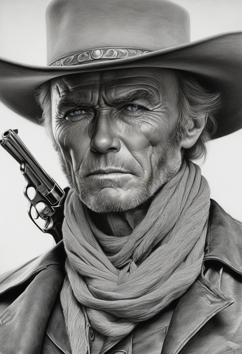portrait, [:light Blue:15] eyes, Intricate lines, highly detailed, B&EM, monochrome, black and white, graphite, pencil painting, charcoal, (High contrast:1.1), An Old West gunslinger, with a determined look and a gun in his he. The image is inspired by the works of Clint Eastwood, such as "The Lone Gunman" and "The Good, the Bad and the Ugly". The gunslinger must have an air of mystery and danger, as if he were about to face a deadly duel. Colors must be vibrant and contrasting, like those of Alphonse Mucha. The details must be delicate and complex, like Mucha's. The strokes should be thick and almost erased, like street art prints. The lines that delimit shapes should privilege more gross and straight angles.