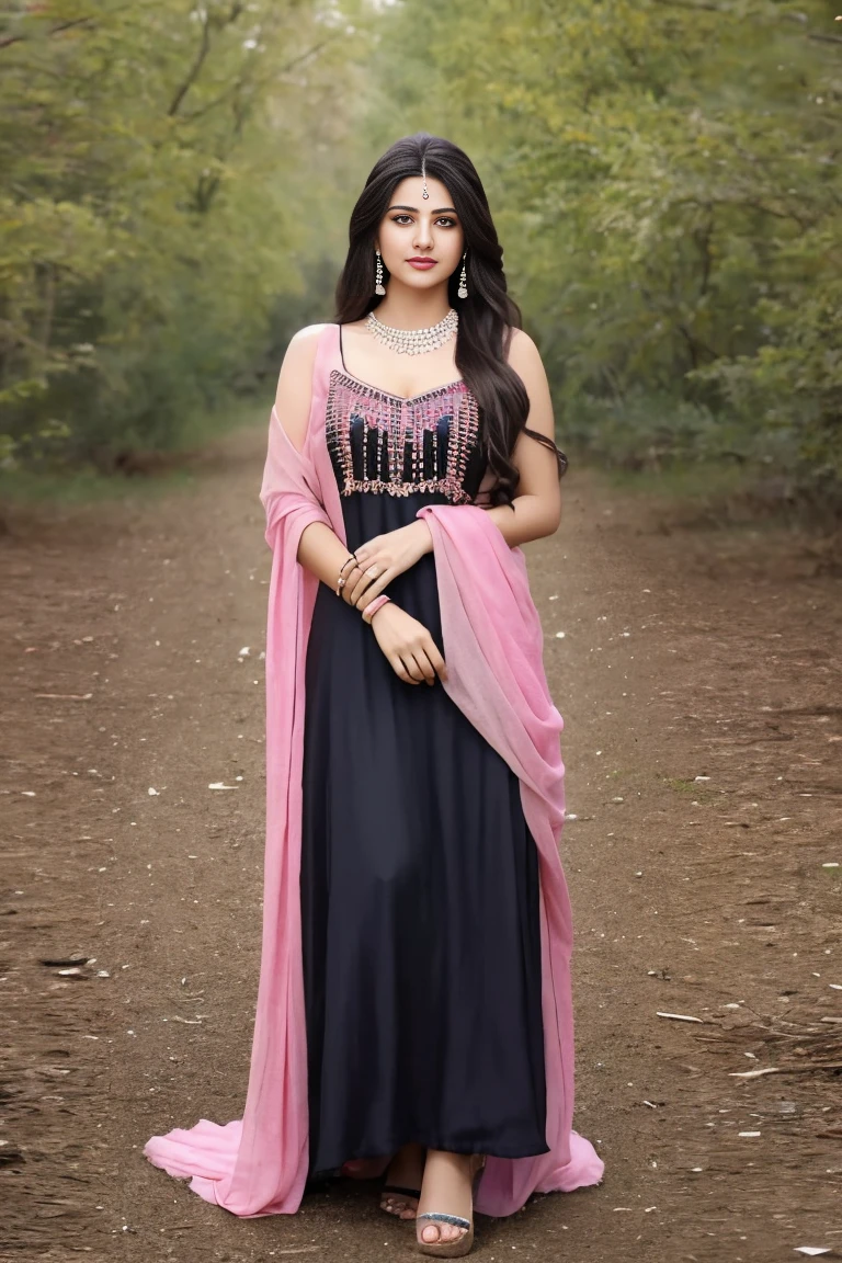 1girl in, age19, Solo, Long hair, Colossal , Looking at Viewer, black hair, Bare a gaun frock ,pink dress ,Brown eyes, jewely, Full body, a necklace, off shoulders, salwar and dupatta, Realistic, A sexy