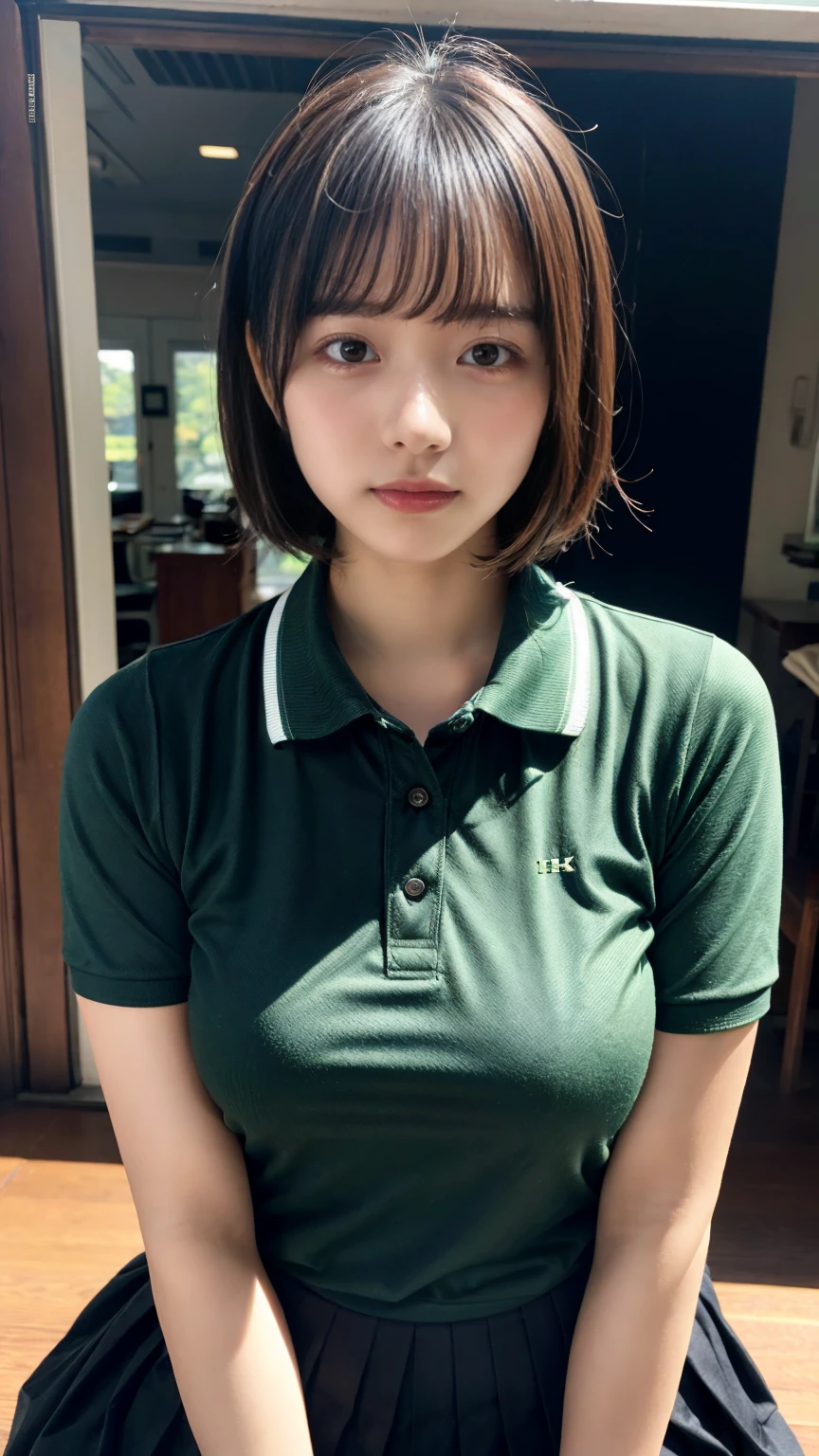 (8K, RAW Photos, Highest quality, masterpiece:1.2), (professional photography, full colors, studio-caliber color grading), (Gravure quality for high-end fashion magazines), close up, BREAK,18 year old girl, (short bob hair:1.1), crying a little, Harajuku style, Big Natural Color Lip, (Plumpy body:1.1), (smooth skin:1.1), (huge breasts:1.2 (expresses the roundness and softness of the chest area..1.1 BREAK (Polo shirt with collar), pleated skirt