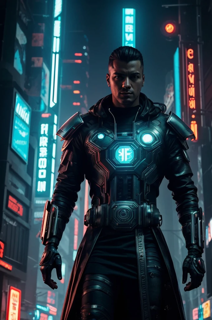 (best quality:1.3), (best performance:1.2), (best illustration:1.2), (Comic style:1.2), (artistic cinematic lighting:1.2) (1man) wearing futuristic technological Cyberpunk electronic , his body is covered by metallic parts, in a cinematic horror movie background in a futuristic Cyberpunk city.