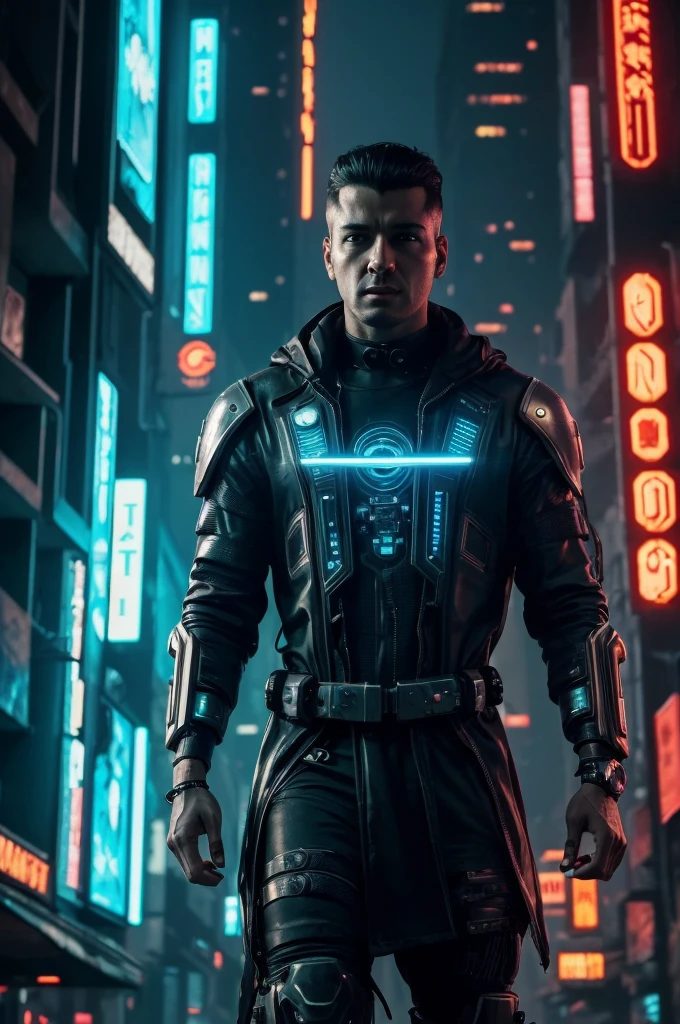 (best quality:1.3), (best performance:1.2), (best illustration:1.2), (Comic style:1.2), (artistic cinematic lighting:1.2) (1man) wearing futuristic technological Cyberpunk electronic robes, his body is covered by metallic parts, in a cinematic horror movie background in a futuristic Cyberpunk city.