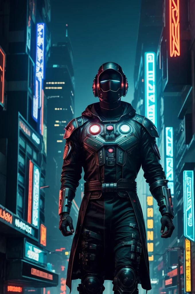 (best quality:1.3), (best performance:1.2), (best illustration:1.2), (Comic style:1.2), (artistic cinematic lighting:1.2) (1man) wearing futuristic technological Cyberpunk electronic robes, his body is covered by metallic parts, in a cinematic horror movie background in a futuristic Cyberpunk city.