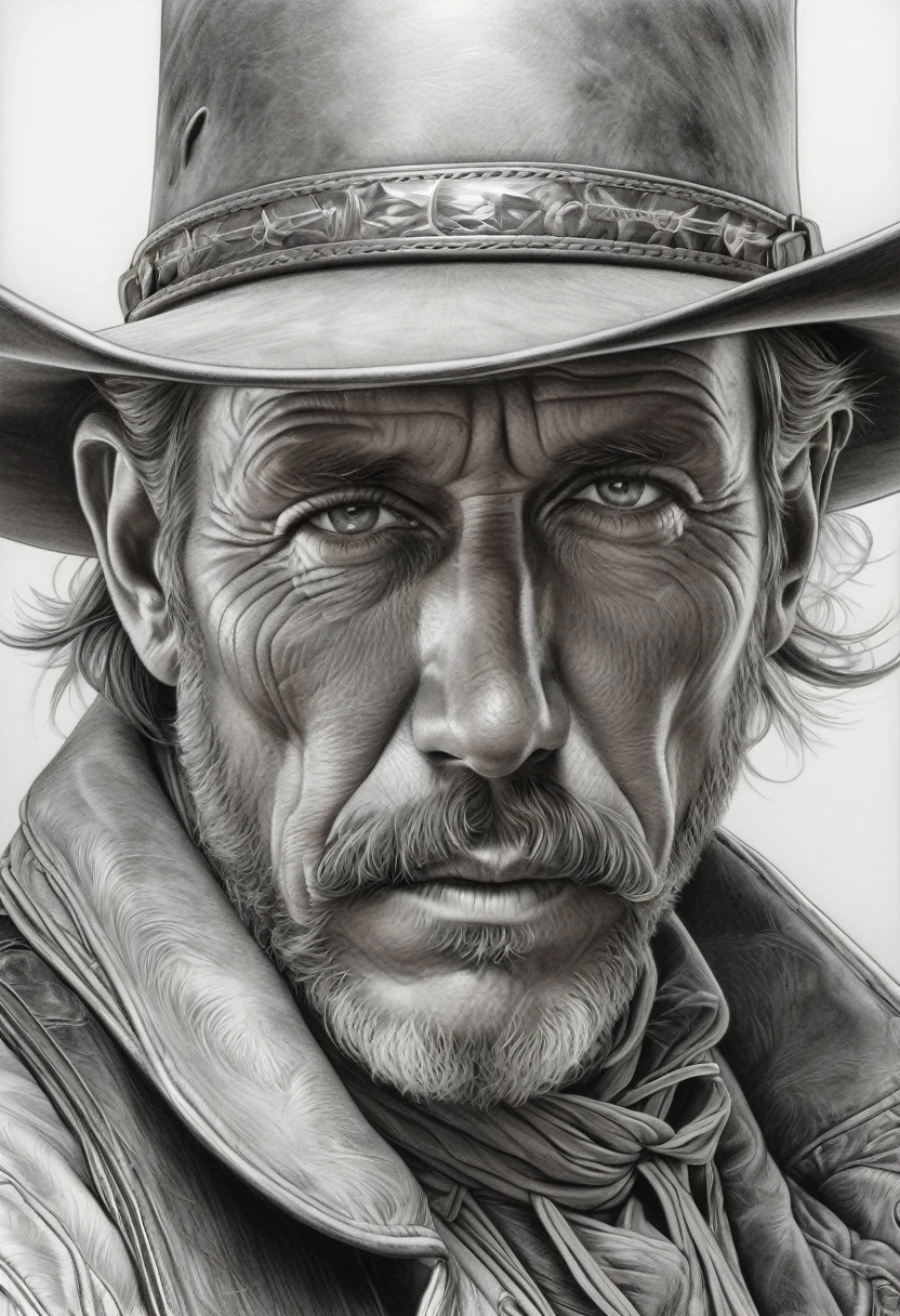 portrait of a cowboy], intricate lines, highly detailed, B&EM, monochrome, black and white, graphite, pencil painting, charcoal, (high contrast: 1.1), an Old West gunslinger with a determined appearance and a gun on his back . The image is inspired by stories from the old west, as if he were about to face a deadly duel. Colors should be vibrant and contrasting, like those of Alphonse Mucha. The details must be delicate and complex, like Mucha's. The lines should be thick and almost erased, like street art prints. The lines that delimit the shapes should favor thicker, straighter angles.
