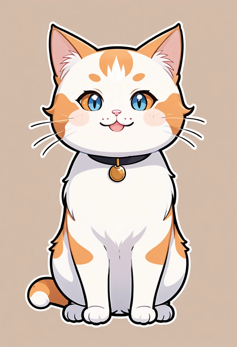 In the style of TOK, highest quality, sticker, cute cat, cartoon cat, Munchkin cat, bigger head, chibi, white and orange cat, looking at the viewer, smiling, simple background