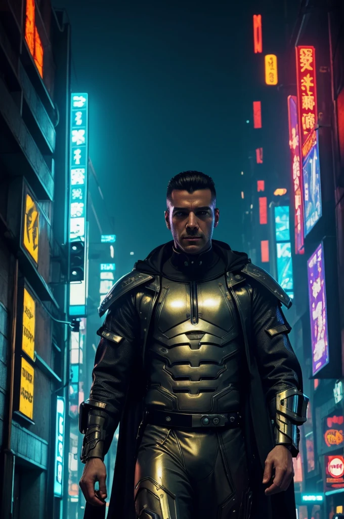 (best quality:1.3), (best performance:1.2), (best illustration:1.2), (Comic style:1.2), (artistic cinematic lighting:1.2) (1man) wearing futuristic technological Cyberpunk electronic robes, his body is covered by metallic parts, in a cinematic horror movie background in a futuristic Cyberpunk city.