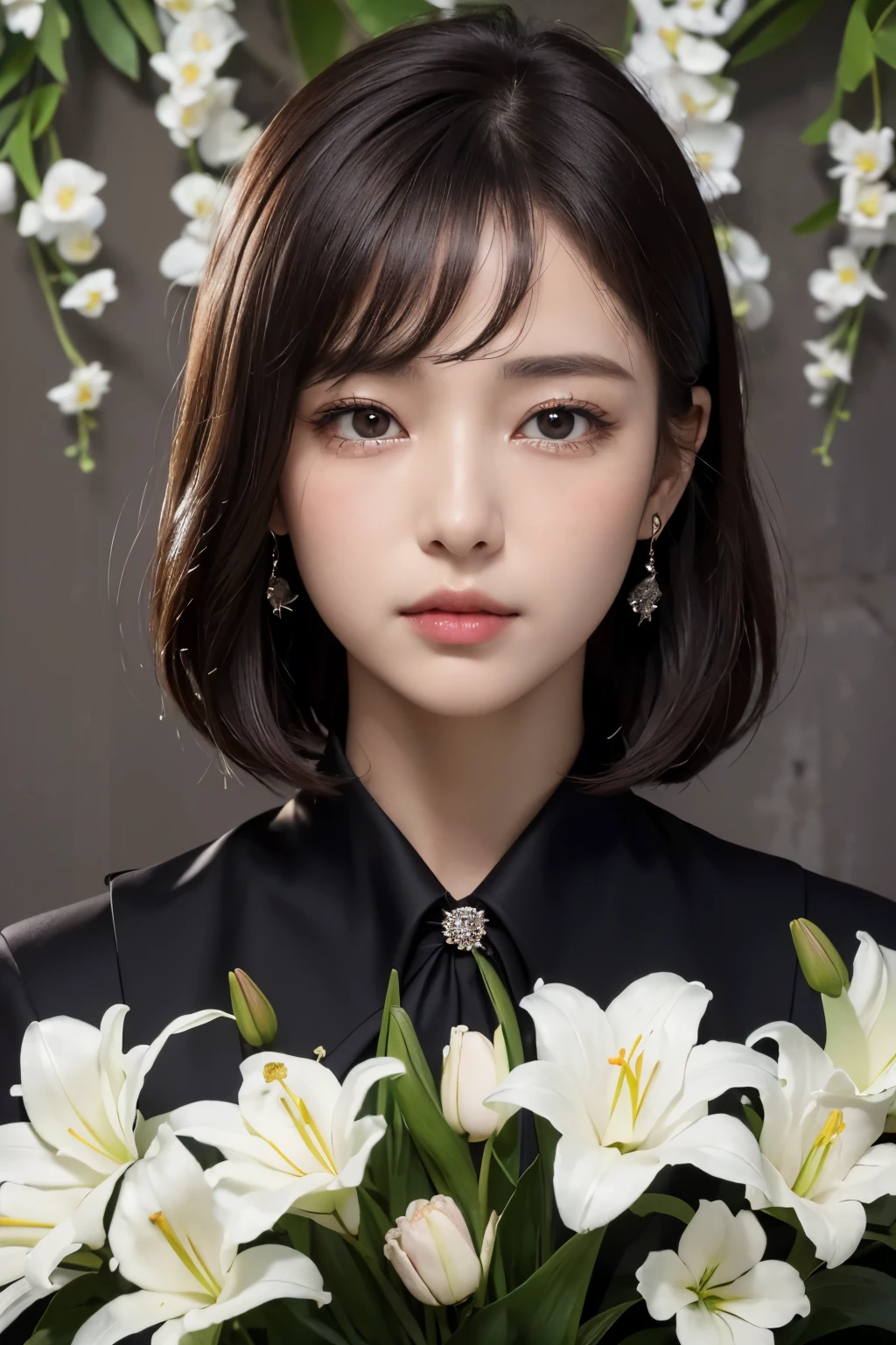 Ultra-high resolution、(masterpiece:1.3), (8K, Best image quality: 1.4)、 (Real:1.4)、A beautiful woman in a plain black suit、Stand facing the front、Beautifully detailed eyes and skin、Sad face、Crying eyes、Brown berry shorthair、Lots of lilies and white flowers、Light purple fabric background、Funeral、