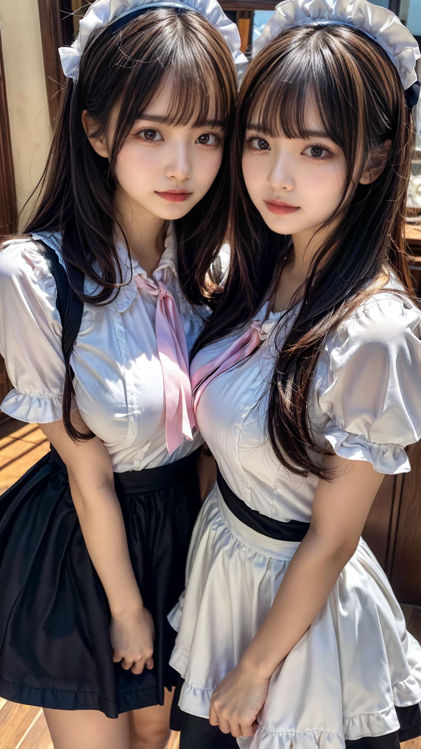 (2girls, twins:1.3), (beauty girls, delicate girls:1.3), (20 years old:1.3),
break, (cute maid uniform, ruffle blouse, pink ribbon tie, skirt:1.2),
break, (maid cafe:1.2),
break, very fine eyes, (symmetrical eyes:1.3),
break, (huge breasts:1.2), brown eyes, parted bangs, brown hair, Voluptuous things,(plump body:1.1)
break, (eyes and faces with detailed:1.0),
break, (masterpiece, best quality, ultra detailed, detailed face, 8k)