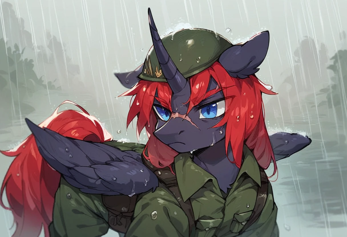 Male alicorn pony, black fur, long red hair, deep blue eyes, red feathers on wings, scar over left eye, red striping, holding machine gun, vietnam-era army uniform, boonie hat, in a swamp, raining, wet hair, frown, close-up portrait
