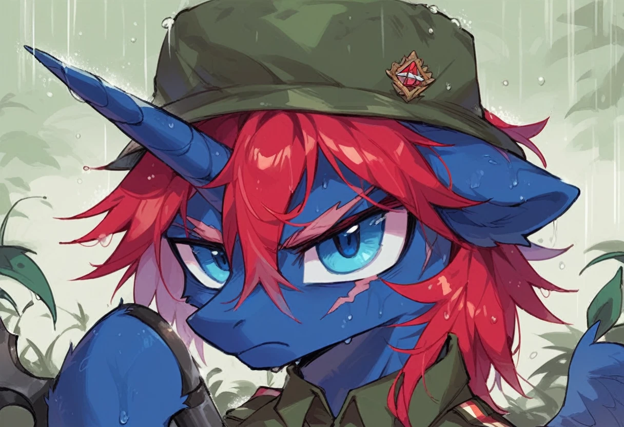 Male alicorn pony, black fur, long red hair, deep blue eyes, red feathers on wings, scar over left eye, red striping, holding machine gun, vietnam-era army uniform, boonie hat, in a swamp, raining, wet hair, frown, close-up portrait 