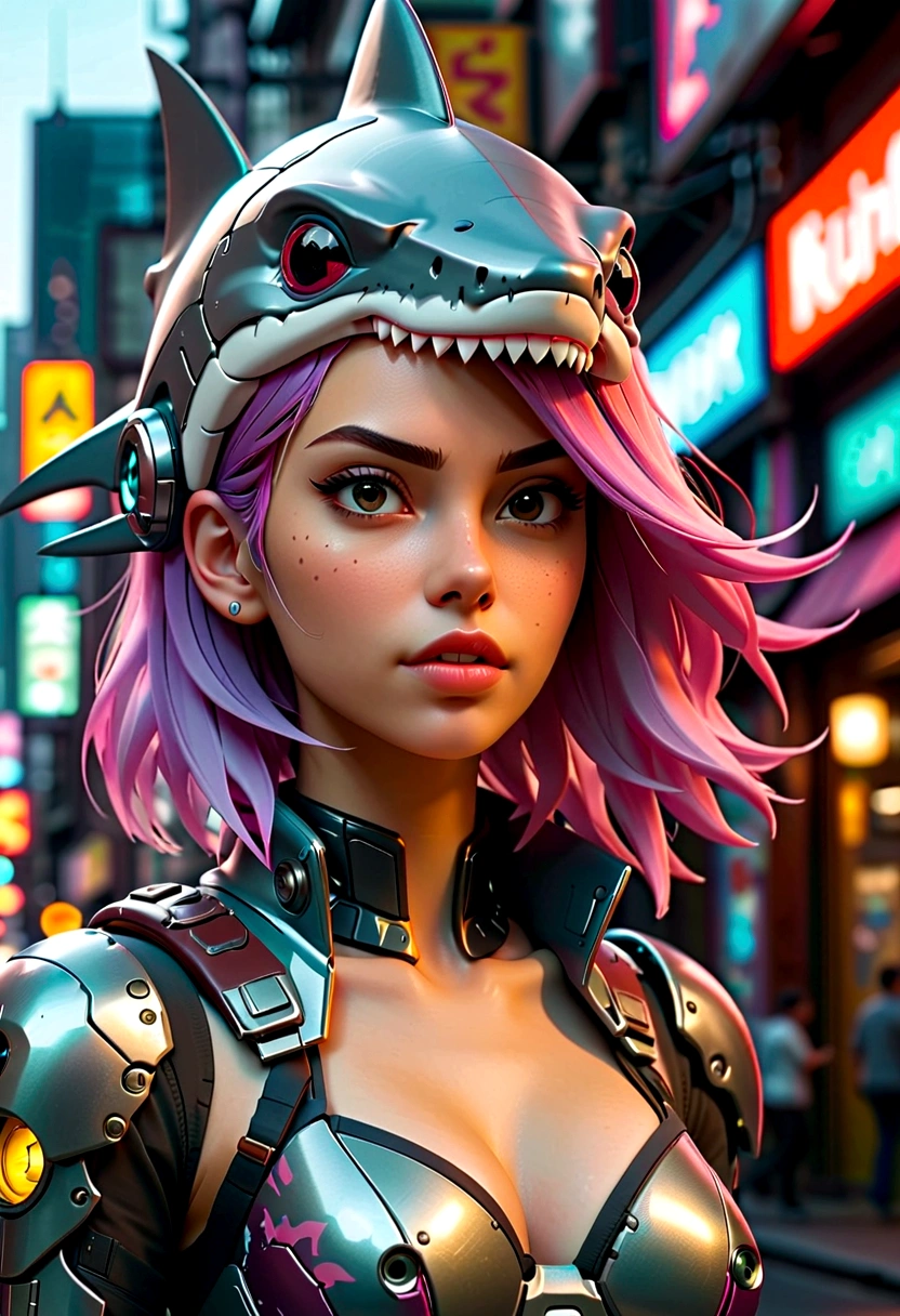 Cyberpunk girl wearing a shark head mecha