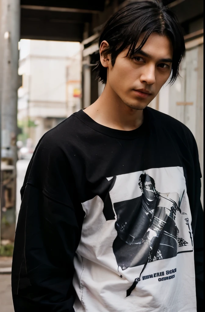Black haired man in loose clothes carrying a katana