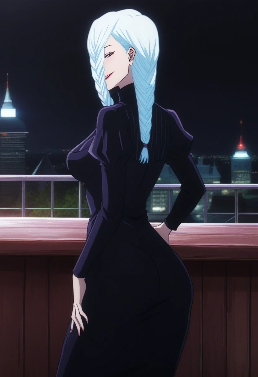 score_9, score_8_up, score_7_up, score_6_up, h1m3n0, 1girl, , mature female, Mei Mei , white braided hair, hair over one eye, black tight dress, seductive smile, balcony, seductive pose, bend over, ((showing her red thong under her dress)), ass view, look back, ((pulled up dress)), from behind, seductive look