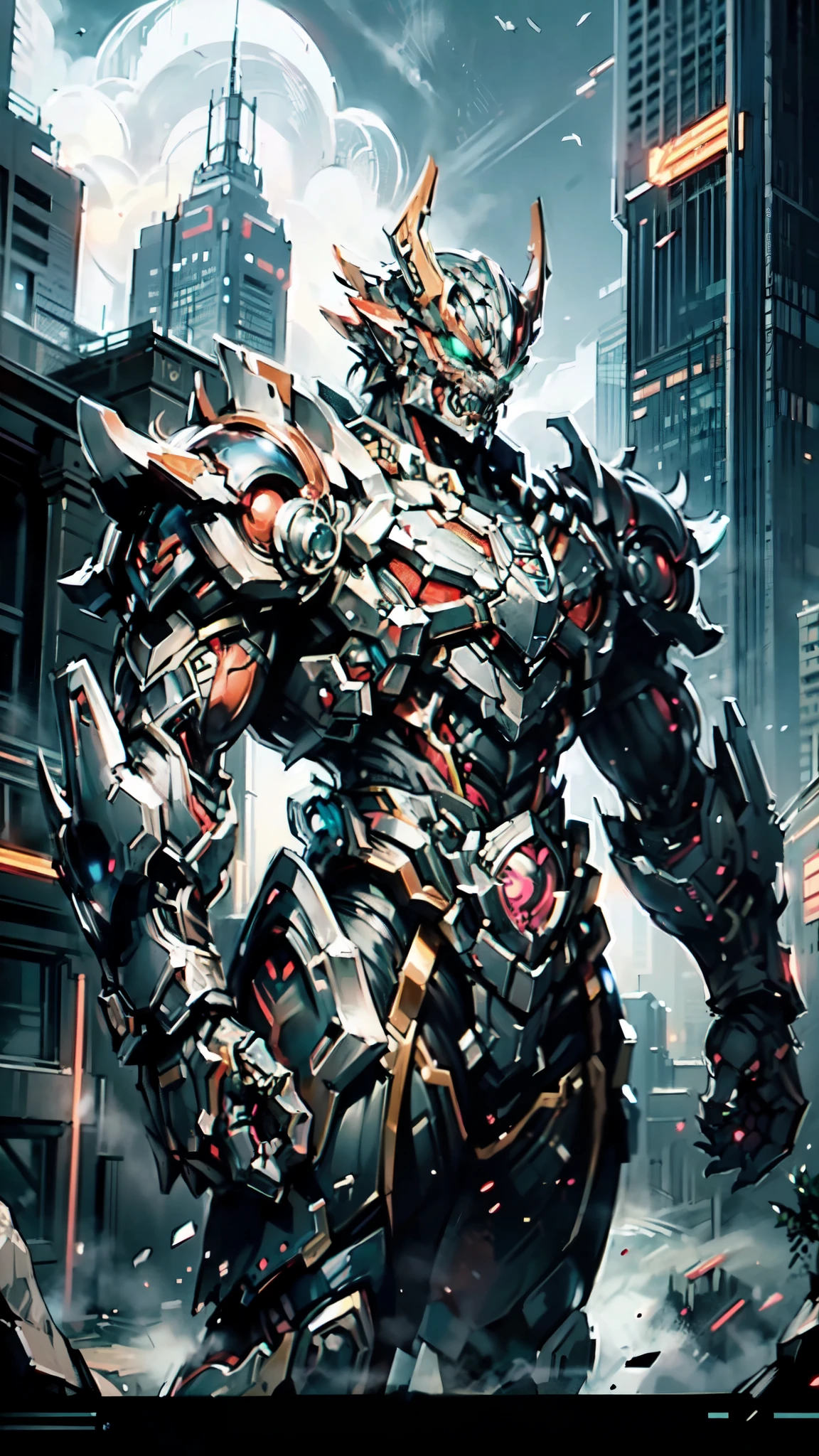 (masterpiece:1.5, best quality:1.5, extremely delicate:1.5, perspective:1.5, foreshortening:1.5, dynamic angle:1.5), a man wearing a full-face helmet, a fantasy-style biotech armored combat suit, green eyes, (a composite layered chest armor), fully enclosed shoulder guards, matching arm and leg guards, the belt is adorned with fangs biting into orbs, (the color scheme is primarily black with red accents), the design balances heavy with agility, a high-tech bio-mecha armor, (Armor Concept Inspired by Bat, stand on the top of a skyscraper in a futuristic sci-fi city), this character embodies a finely crafted fantasy-surreal style armored hero in anime style, exquisite and mature manga art style, (element, plasma, energy, the armor glows), ((male:1.5)), metallic, high definition, highres, ultra-detailed, ultra-fine painting, professional, perfect body proportions, golden ratio, anatomically correct, symmetrical face, extremely detailed eyes and face, high quality eyes, creativity, RAW photo, UHD, 32k, Natural light, cinematic lighting, masterpiece-anatomy-perfect