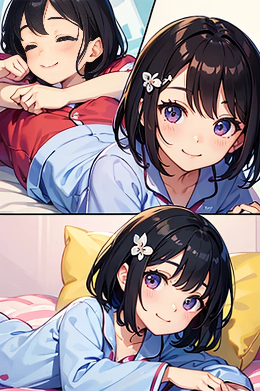 Highest quality、Black Hair、Iris、short hair、girl、cute、16 years old、、Small hair ornament、1 person、Cute pajamas、Lie down on the bed、smile、Close-up of face、Face is close、