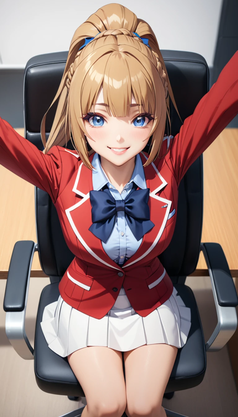 masterpiece, best quality, highres, ponytail hair, (single braid:1.2), hair ribbon, red blazer,buttoned blazer, blue bowtie, white skirt, smile,sitting on chair,from above,background studyroom,spread arms ,arms hold up, looking viewer