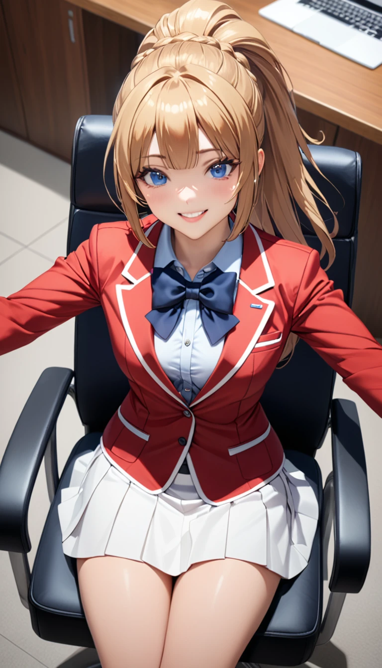 masterpiece, best quality, highres, ponytail hair, (single braid:1.2), hair ribbon, red blazer,buttoned blazer, blue bowtie, white skirt, smile,sitting on chair,from above,background studyroom,spread arms ,arms hold up, looking viewer