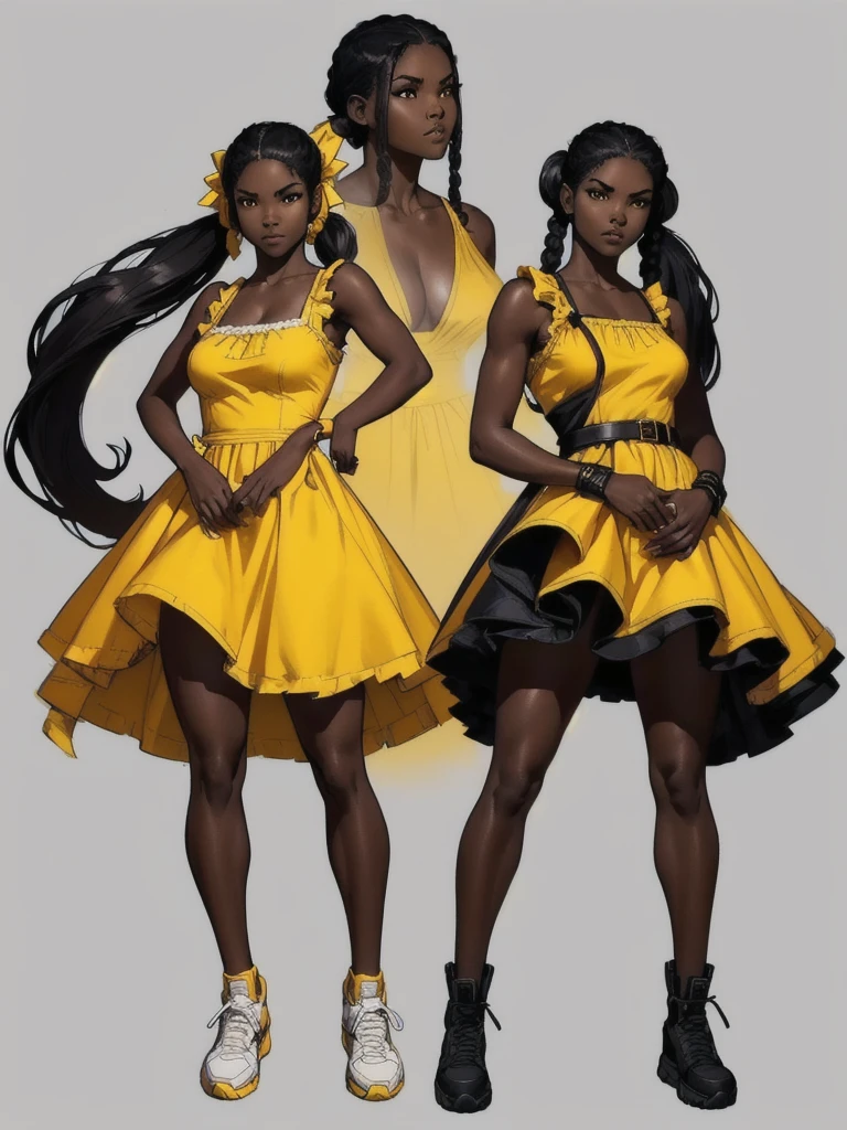 ((best quality)), ((4k)), ((highres)), ((masterpiece:1.2)). ((detailed)), ((ultra realistic)), ((intricate details)), ((full body picture)), ((character design sheet)), ((blank background)), ((standing in a blank background)), full body shot of a beautiful black female, ebony beauty, woman, 18 years old girl, dark brown skin, about 5'5 ft. tall, smirk on her face, ((smirking)), long curly black hair, ((long curly hair)), long hair, high pigtails, (((high pigtails)), dressed in a yellow sleeveless babydoll dress, ((EMPHASIS ON HER YELLOW SLEEVELESS BABYDOLL DRESS)), black leather belt on her waist, bare legs and sneakers, fighting game character design, tekken character design, the king of fighters character concept art, character concept art, full body, 18 years old female fighter, girly girl, cute girl, girly fighter character concept art