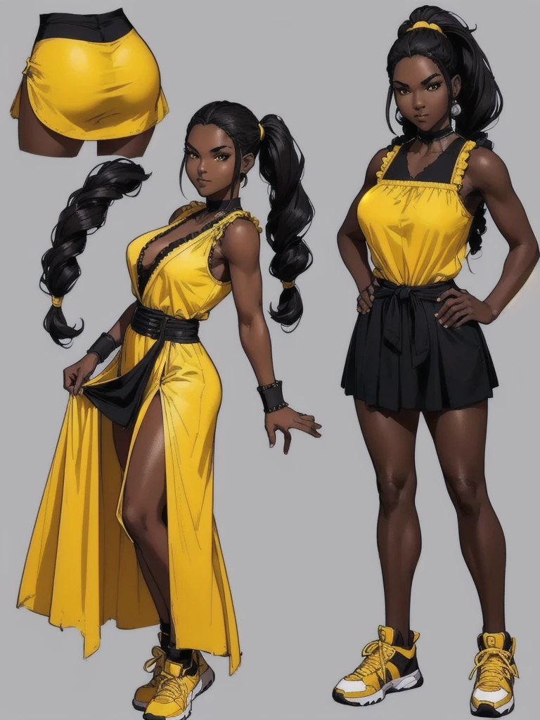 ((best quality)), ((4k)), ((highres)), ((masterpiece:1.2)). ((detailed)), ((ultra realistic)), ((intricate details)), ((full body picture)), ((character design sheet)), ((blank background)), ((standing in a blank background)), full body shot of a beautiful black female, ebony beauty, woman, 18 years old girl, dark brown skin, about 5'5 ft. tall, smirk on her face, ((smirking)), long curly black hair, ((long curly hair)), long hair, high pigtails, (((high pigtails)), dressed in a yellow sleeveless babydoll dress, ((EMPHASIS ON HER YELLOW SLEEVELESS BABYDOLL DRESS)), black leather belt on her waist, ???? legs and sneakers, fighting game character design, tekken character design, the king of fighters character concept art, character concept art, full body, 18 years old female fighter, girly girl, cute girl, girly fighter character concept art
