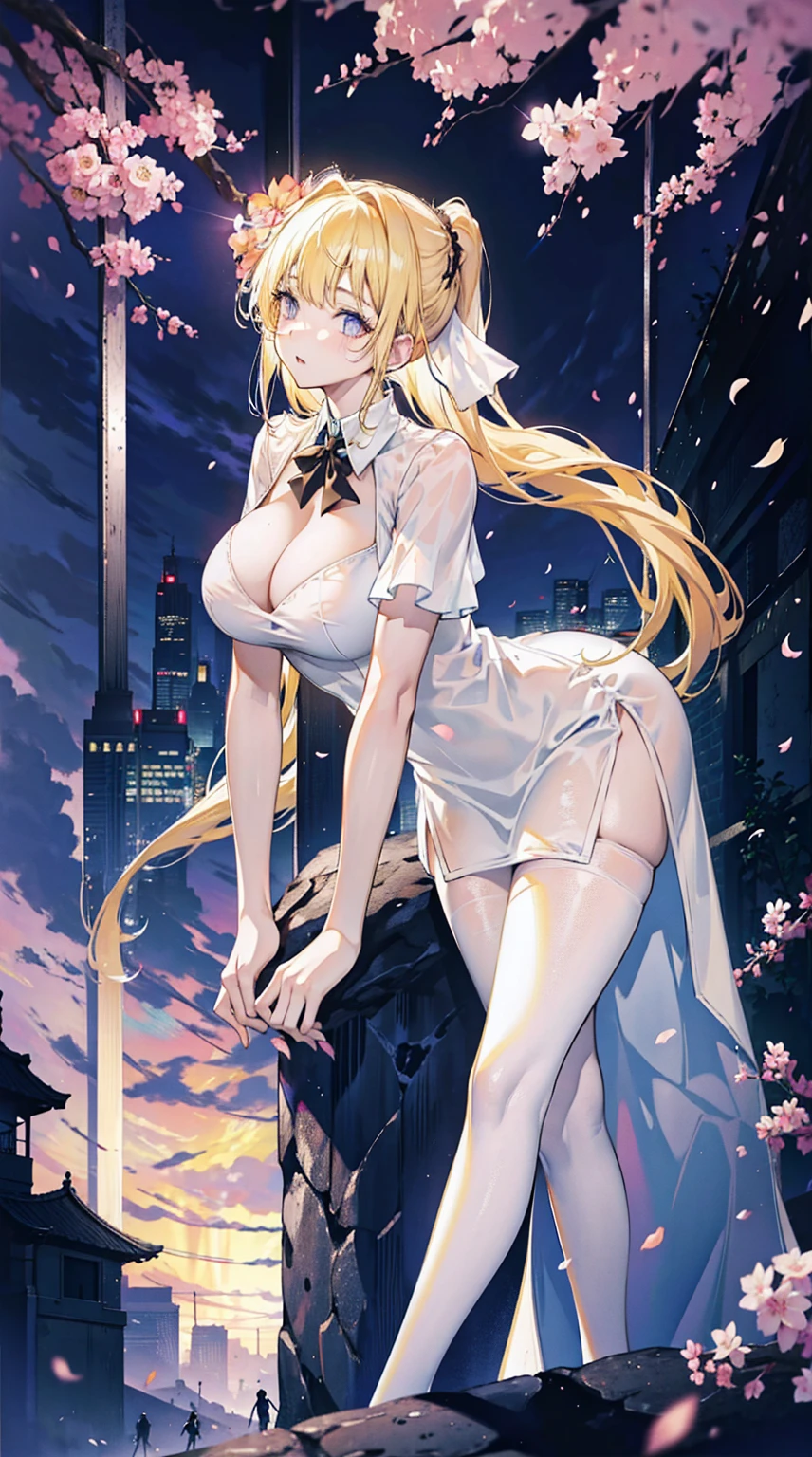 Young and beautiful Kathryn Newton, Glasses, White dress shirt, Very deep neckline, Black Mini Dress, Dark pantyhose, Surreal, , Model figure, Large Breasts, Beautiful breasts, Big Ass, Long hair, Ponytail, Blonde hair, Long legs, 8K, futuristic city, Cherry blossoms, sunrise, LED lighting, Anime style, (((Cleavage))),((Leaning against the wall,Sideways posture))