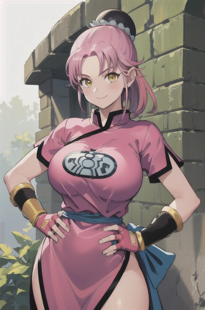 ((masterpiece, best quality:1.1), maam, dragon quest, 1girl,  solo, big breasts, fingerless gloves, pink gloves, fingerless gloves, pink gloves, chinese clothes, red dress, ribbon, long pink hair, yellow eyes, Big Breasts:1.6, parted bang, bun cover, smile, hand on hip, coliseum 