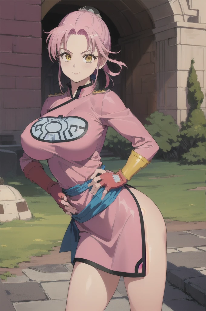 ((masterpiece, best quality:1.1), maam, dragon quest, 1girl, solo, big breasts, fingerless gloves, pink gloves, fingerless gloves, pink gloves, chinese clothes, red dress, ribbon, long pink hair, yellow eyes, Big Breasts:1.6, parted bang, bun cover, smile, hand on hip, coliseum