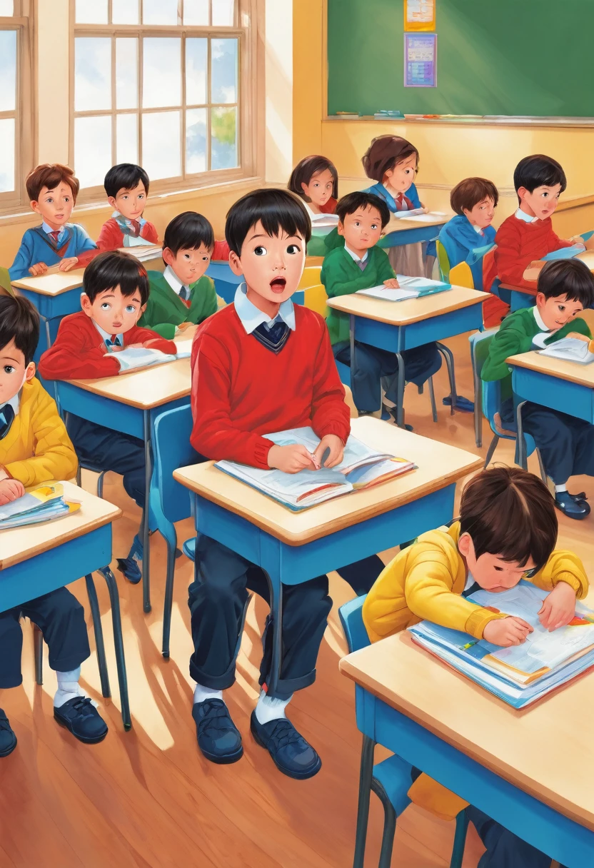 "A bright and colorful classroom filled with children sitting at desks. Liam, a shy boy with a look of panic and embarrassment on his face, is sitting with a small wt spot on his pants. 