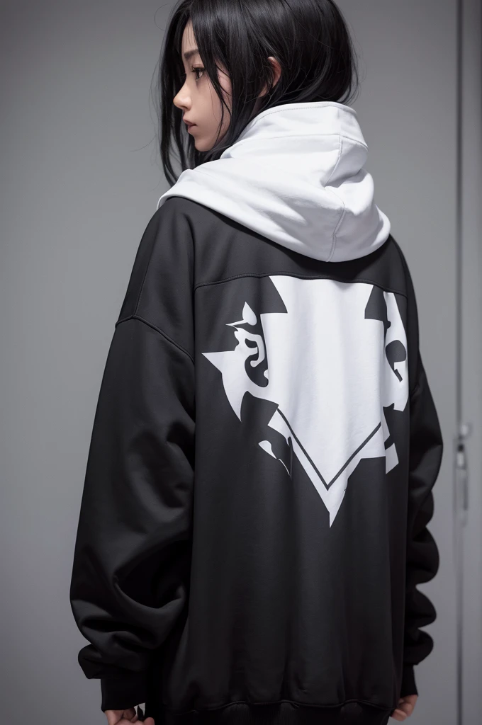 Describe a black hooded sweatshirt, whose sleeves are gray and feature white kanji. However, the highlight is on the back of the sweatshirt, where an enraged European dragon