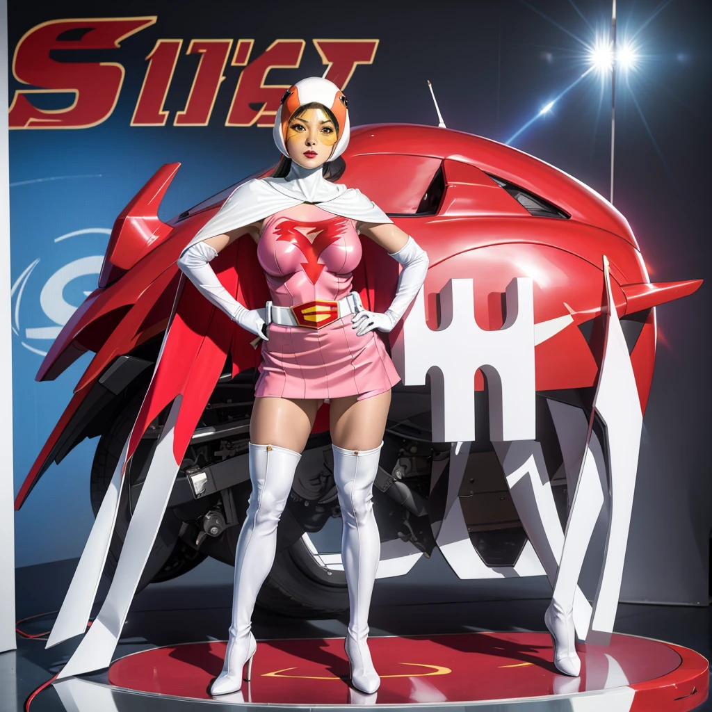 ANI_CLASSIC_jun_gatchaman_ownwaifu,1girl, ,good anatomy, masterpiece, best quality,realistic, hyper realistic, 16k hdr, long hair,breasts,lips,large breasts,lipstick,makeup,gloves,cape,helmet,belt,elbow gloves,white gloves,mask,ultra miniskirt,leotard,spacesuit,white tight overknee highheels boots,pink dress,superhero,bodysuit,cleavage,erected nipples,(stand pose,hands on hip),(spread legs:1.1),cameltoe