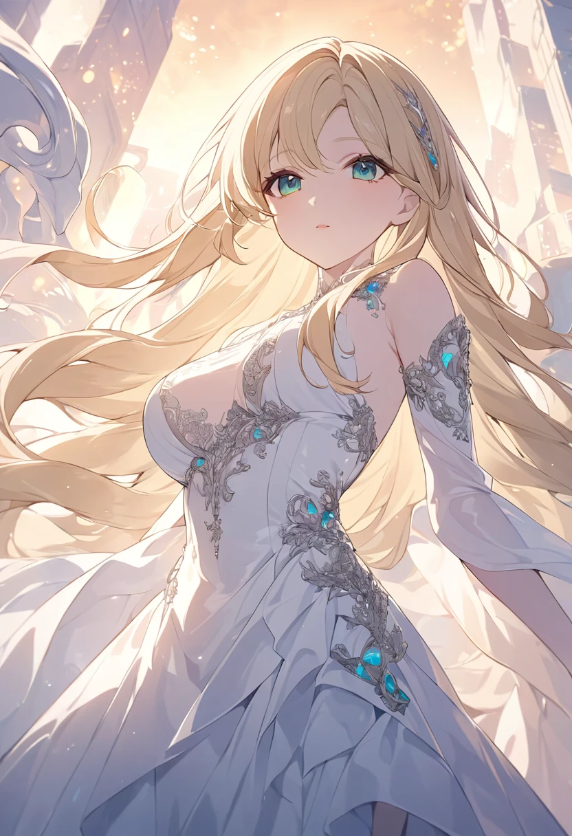 High resolution RAW color art, animation,Sculpture, Silver Marble Skin, (((Highly detailed elegant))), Magical atmosphere, Detailed skin, texture,(Exquisitely crafted, The finer details, Ultra-detailed art), Depth of written boundary, Bokeh, Silky Touch, Hyper Detail,,euphilia, One Girl,Anime girl with long blonde hair and dark turquoise eyes in a white dress, Green Eyes,Beautiful Eyes, Elegant face, Magic City, sunrise, Upper Body, (Big Hips, View from below), Under the chest