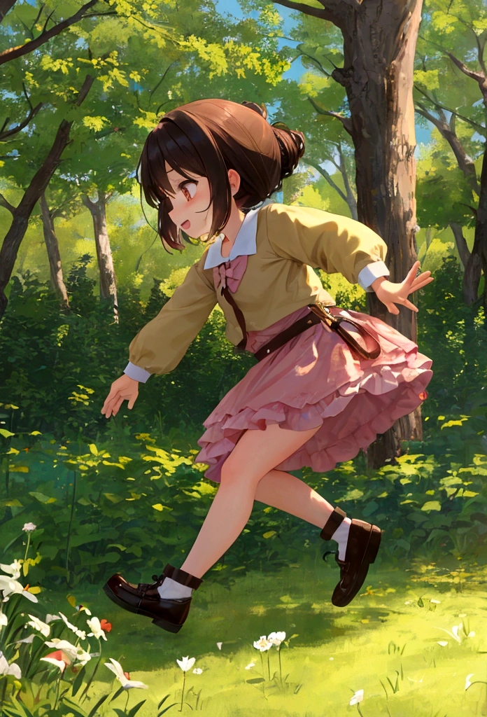 A little girl chasing a hare in the forest